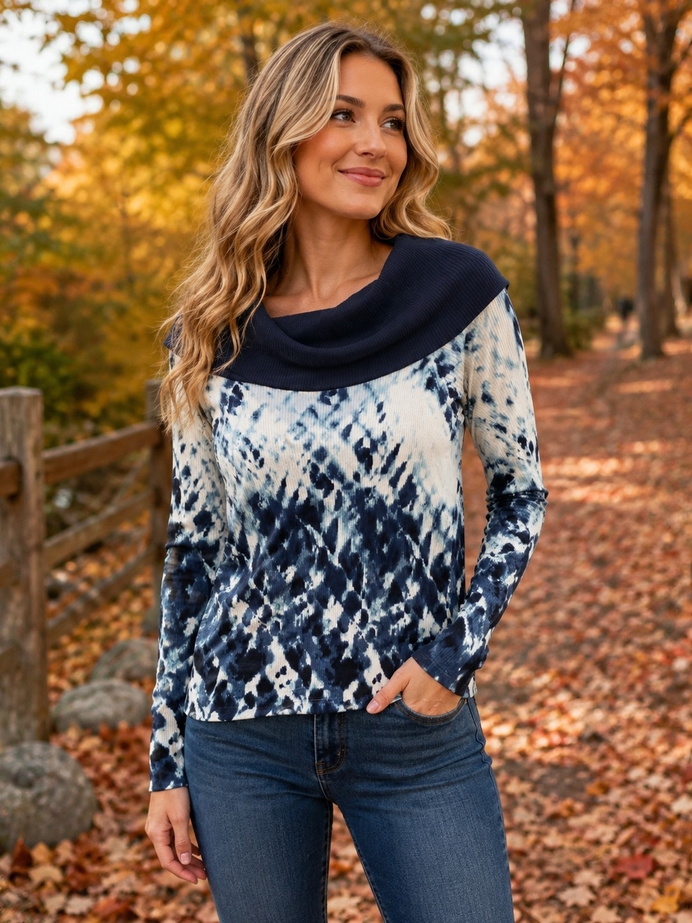 Rock & Republic Navy and Cream Tie-Dye Cowl Neck Sweater